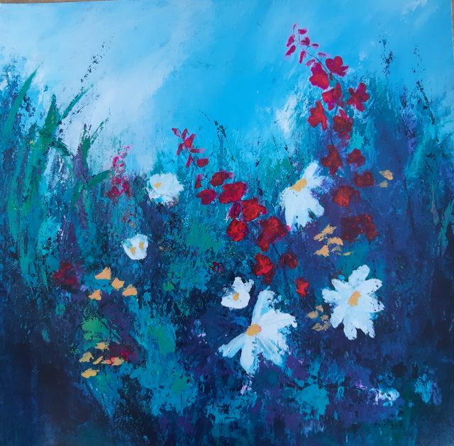 Foxgloves and Daisies painting - margaret farrell