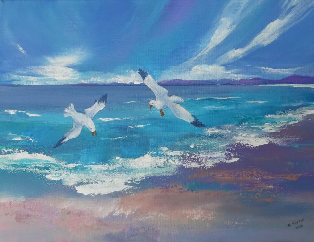 sand sea and seagulls painting - seascape collection - margaret farrell