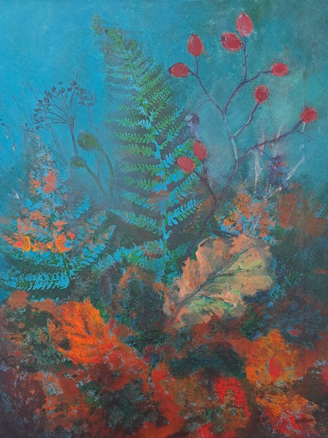 Rosehips and Ferns painting - Margaret Farrell